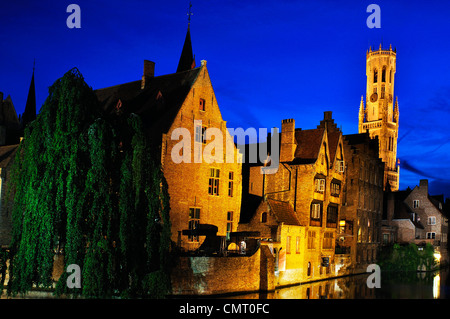 Belgium, Flanders, Bruges, Bellfort-Hallen Bell Tower at Night Stock Photo