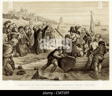 Departure of the Pilgrim Fathers from Delft Haven July 1620 Stock Photo