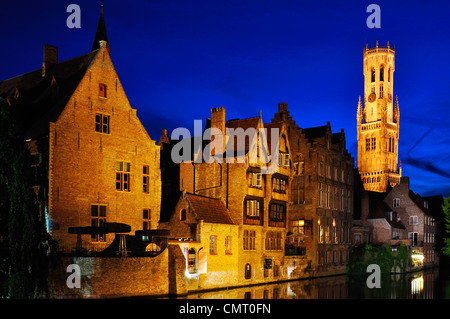 Belgium, Flanders, Bruges, Bellfort-Hallen Bell Tower at Night Stock Photo