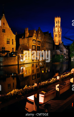 Belgium, Flanders, Bruges, Bellfort-Hallen Bell Tower at Night Stock Photo