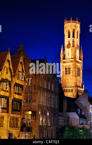 Belgium, Flanders, Bruges, Bellfort-Hallen Bell Tower at Night Stock Photo