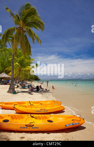 Kayaks and beach, Shangri-La Fijian Resort, Yanuca Island, Coral Coast, Viti Levu, Fiji, South Pacific Stock Photo