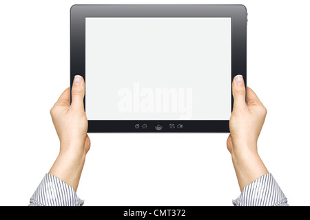 female hands are holding the touch screen device isolated on white background Stock Photo