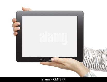 Female hands are holding the touch screen device isolated on white background Stock Photo