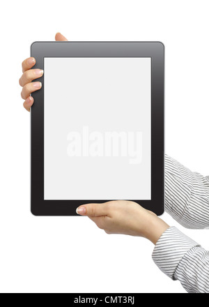female hands are holding the touch screen device isolated on white background Stock Photo