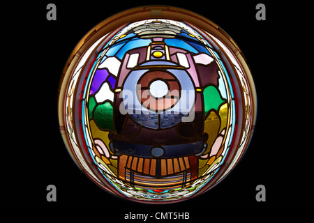 Train on stained glass window, inside historic Railway Station, Dunedin, South Island, New Zealand - fisheye Stock Photo