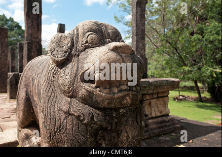 A carved stone lion on the steps of the royal palace Polonnaruwa Sri Lanka Stock Photo