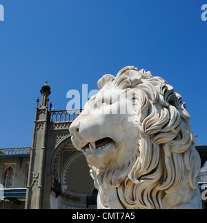 Ukraine. Autonomous Republic of Crimea. Vorontsov Palace. Southern facade. Marble Medici lion sculpture by Giovanni Bonnani. Stock Photo