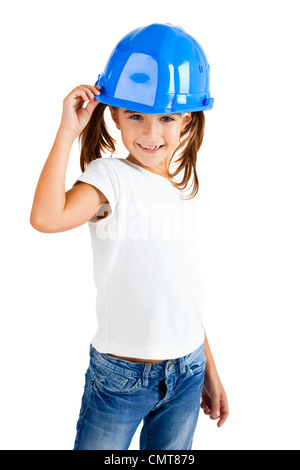 Little young girl wearing a protection helmet, isolated on white background Stock Photo