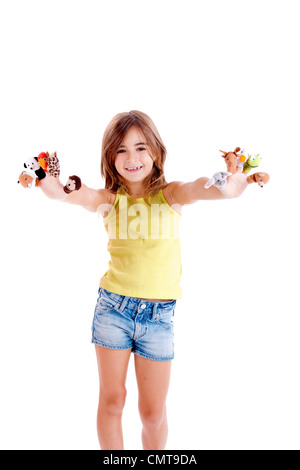 Cute and happy girl playing with finger puppets Stock Photo