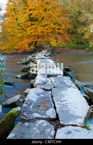 The Tarr Steps are a prehistoric clapper bridge across the River Barle in the Exmoor National Park, Somerset, England. Stock Photo