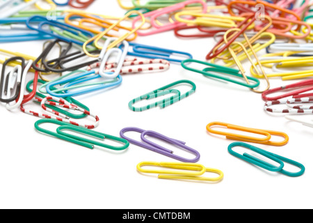 Colorful office paper clips closeup on white Stock Photo