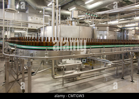 A le Coq Brewery bottling process machine Labelling and capping electronic display screens and control panels Stock Photo