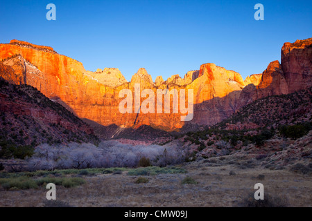 First light of dawn on the West Temple and the Towers of the Virgin, Zion National Park, Utah USA Stock Photo