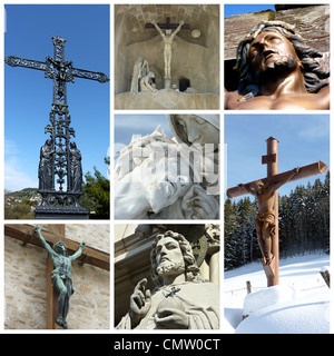 Several crosses and statues of Jesus Christ together for a collage Stock Photo