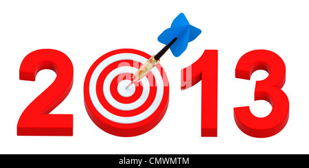 Dart hitting target - New Year 2013 isolated on white. Stock Photo