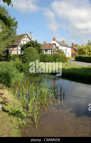 Houses and stream Eardisland Herefordshire England UK Stock Photo
