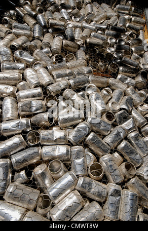 A pile of aluminum soft drink cans collected for recycling. Stock Photo