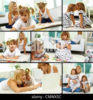 Collage of happy twin girls and their mother spending time at home Stock Photo