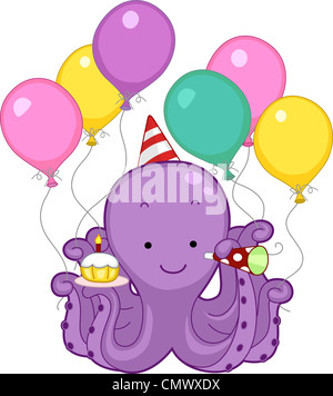 Illustration of an Octopus Celebrating Its Birthday Stock Photo