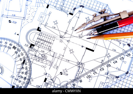 drawing tools on architectural plan as a building background Stock Photo