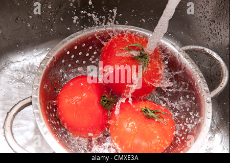 Three fresh tomatoes in colander splashing in water Stock Photo
