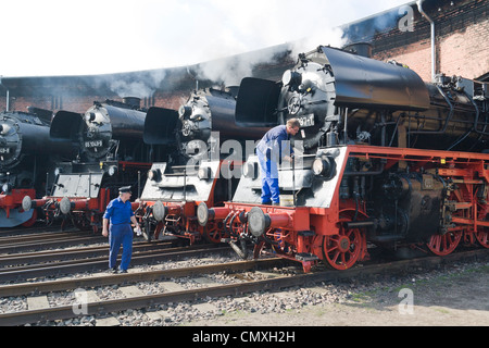 German Steam locomotives being cleaned at Hilbersdorf Steam Shed Stock Photo