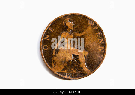 An old and worn one penny coin from 1900 -  marking the beginning of the 20th century. Tails side up, with Britannia / date. UK. Stock Photo