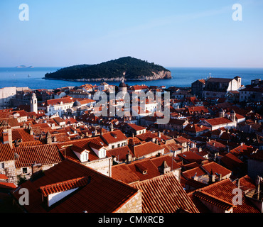 The historic centre of Dubrovnik and Lokrum Island from the walls of the city Dalmatia Croatia Stock Photo