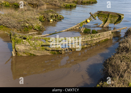 Wooden boat wreck in the mud covered in algae Stock Photo - Alamy