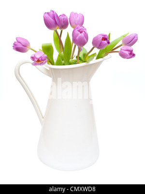 Violet Tulips Bouquet in White Pitcher Isolated on White Background Stock Photo