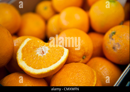 One, sliced orange half on top of whole oranges. Stock Photo