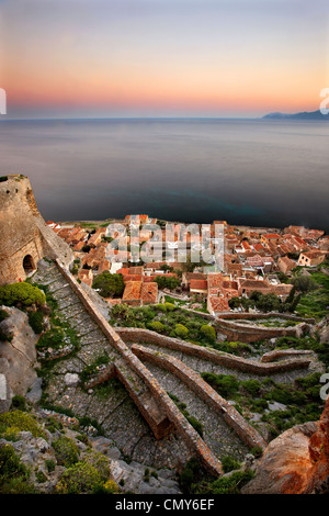 The medieval 'castletown' of Monemvasia (or 'Malvasia') around sunset. Lakonia Prefecture, Peloponnese, Greece Stock Photo