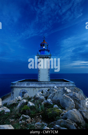 The lighthouse in Akrotainaron ('Cape Tainaron' or 'Cape Matapan') on the southernmost corner of Mani region, Peloponnese. Stock Photo