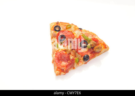 Slice of pizza with cheese, pepperoni, sausage, red and green peppers, onions and black olives Stock Photo