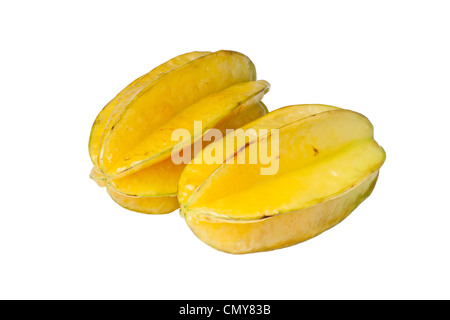 Two whole riped carambolas isolated on white background Stock Photo