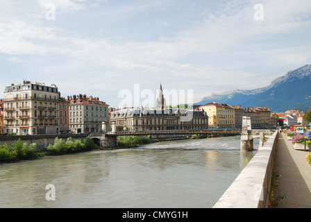 View of Grenoble with the wide river Isere. Stock Photo