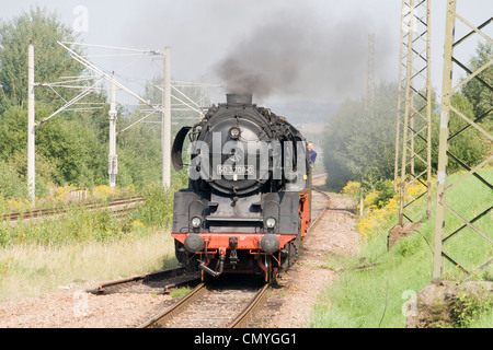 A German steam locomotive at Hilbersdorf Steam Shed near Chemnitz, Germany Stock Photo