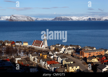 Norway, Lapland, County of Finnmark, Hammerfest and its church, panoramic view from the hill of Salen Stock Photo