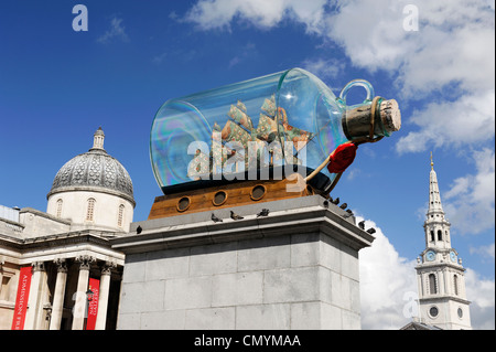 United Kingdom, London, Trafalgar Square, Admiral Nelson's ship in a bottle artwork by artist Yinka Shonibare Stock Photo