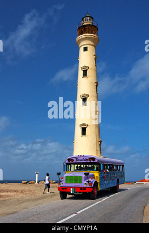 West Indies, Bonaire, West Indies, Aruba, California lighthouse, Party Cruiser Bus Stock Photo