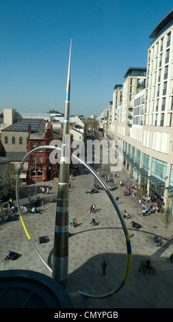 High view of Cardiff City Centre, sculpture & The Hayes pedestrianised shopping street from inside Cardiff Library in Cardiff Wales UK    KATHY DEWITT Stock Photo