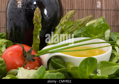 a food background with a rack of lambs and other fresh ingredients Stock Photo