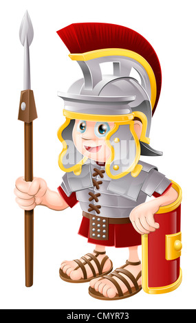 Illustration of a cute happy Roman soldier holding a spear and a shield Stock Photo