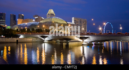 Skyline of Singapur, Esplanade, Marina Square, big wheel at twilight, South East Asia, twilight Stock Photo