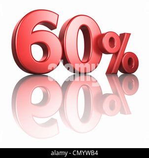 Glossy red sixty percent on white background with mirror floor, 3d render 60% Stock Photo