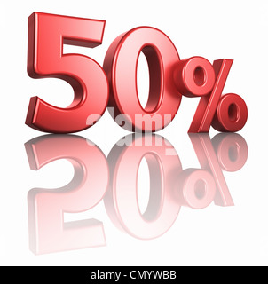 Glossy red fifty percent on white background with mirror floor, 3d render 50% Stock Photo