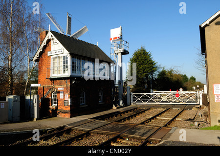 Heckington Village Lincolnshire England.Signal Box and Train Station.With Windmill. Stock Photo