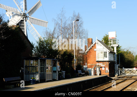 Heckington Village Lincolnshire England.Signal Box and Train Station.With Windmill. Stock Photo