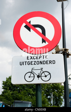 A 'no left turn' road sign located in Belgium. Stock Photo